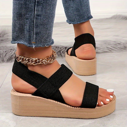 Women's Casual Wedge Sandals, Lightweight Open Toe Elastic Band Slip On Shoes, Summer Outdoor Beach Sandals