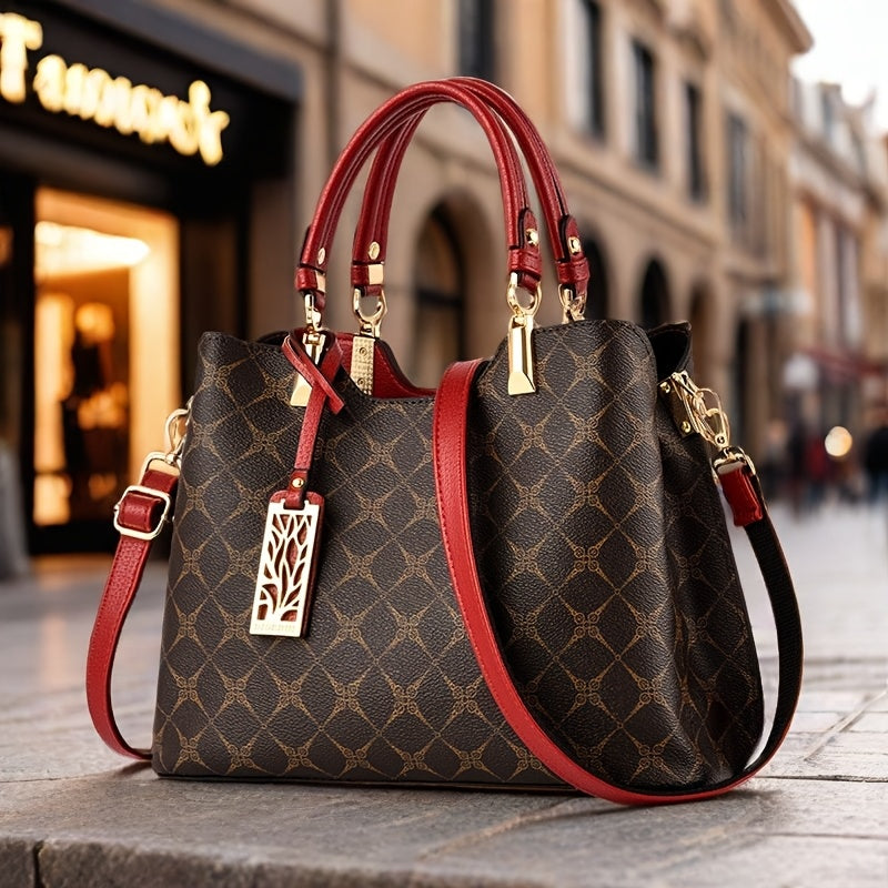 Women's Top-Grain Leather Handbag with Adjustable Strap - Geometric Pr