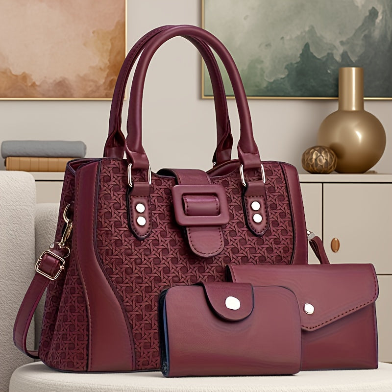 Plaid PU Leather Three-Piece Handbag Set for Women - Stylish & Spaciou