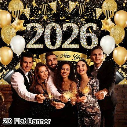 2D Flat, 1pc 2026 Happy New Year Party Backdrop Banner - 80x120cm Polyester Champagne & Cityscape Design, Golden & Purple Fireworks, Festive New Year'S Eve Decor for Home, No Electricity Needed, New Year Decorations, Flag For
