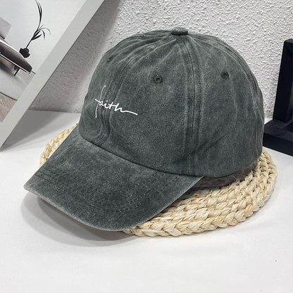 Vintage Street Style Water Wash Denim Polyester Baseball Cap, Faith Print, for Men, Women