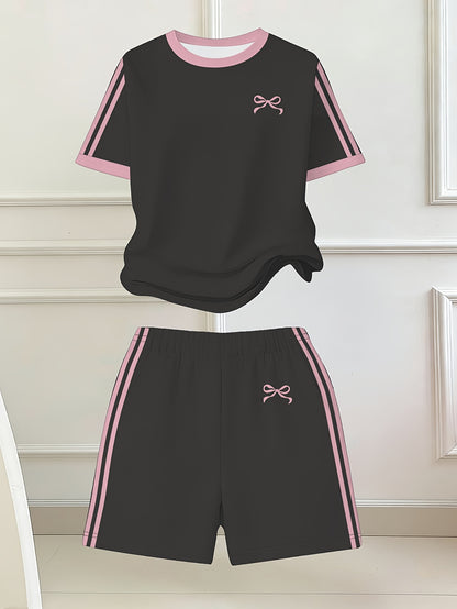 Girls' Butterfly Print Bow Short Sleeve Tee & Shorts Set