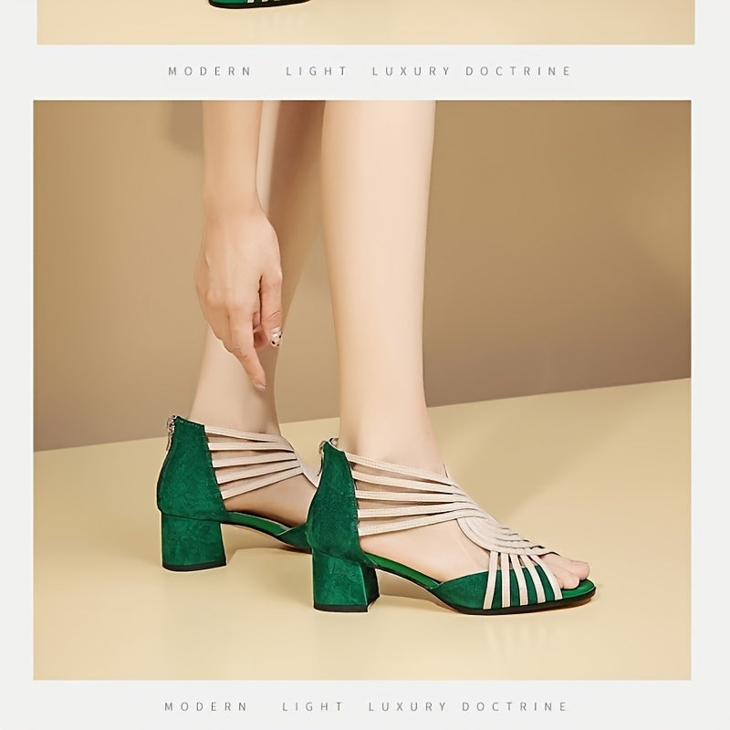 Women's Roman Gladiator Sandals - Chunky Mid-Heel Open-Toe Zipper Closure, Breathable PU Cover Strappy Ankle Strap for Spring, Casual  Formal Events