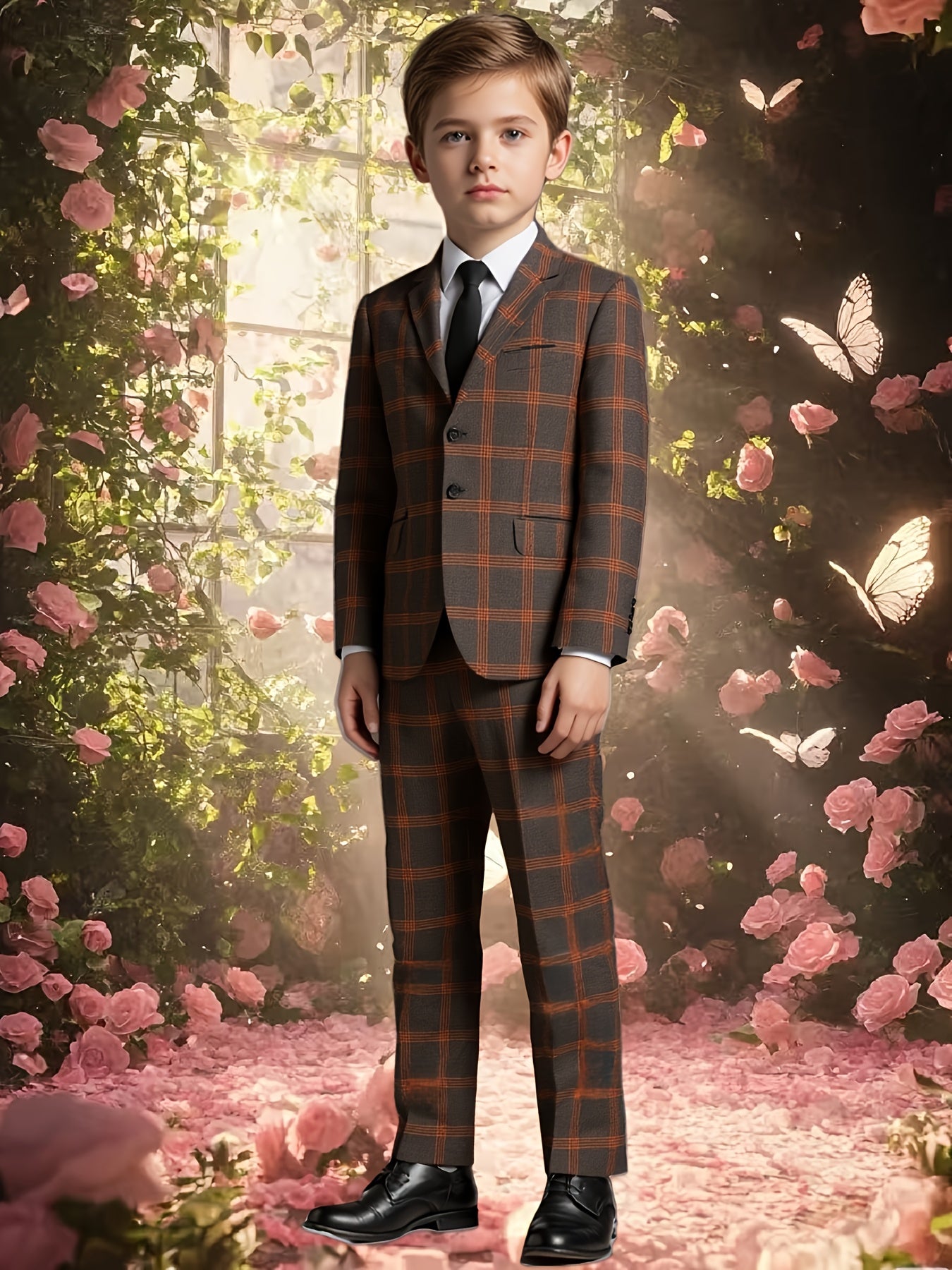 Boys' Plaid Two-Piece Suit Regular Fit Business Casual