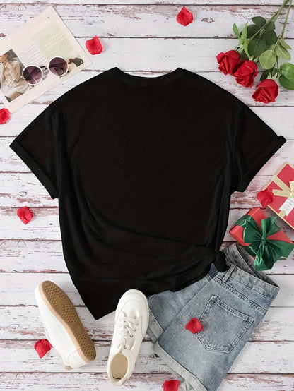 Women's Casual Athletic T-Shirt, Graphic Heart Print, Short Sleeve, Round Neck, Summer & Spring Fashion