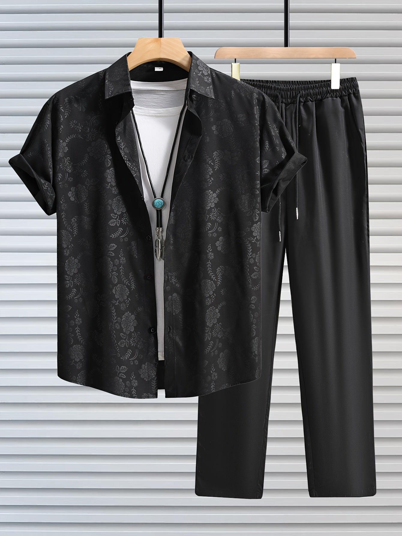 Men's Summer Floral Button-Up Shirt & Black Trousers Set