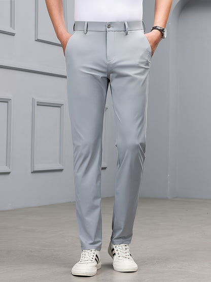 Men's Slim-Fit Stretch Casual Pants with Multiple Pockets - Waterproof, UV Protection, Light Gray, Straight Leg, Nylon Blend for Spring/Fall, Button Closure, Comfortable & Stylish Design, Everyday Comfort Pants | Modern Casua