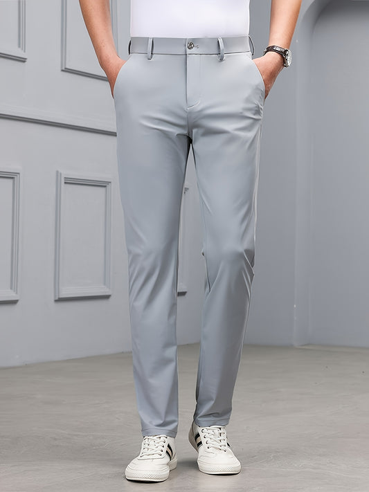 Men's Slim-Fit Stretch Casual Pants with Multiple Pockets - Waterproof, UV Protection, Light Gray, Straight Leg, Nylon Blend for Spring/Fall, Button Closure, Comfortable & Stylish Design, Everyday Comfort Pants | Modern Casua