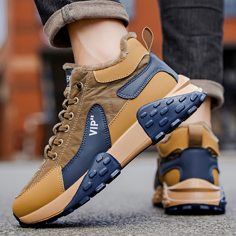 Men'S Stylish Color-Block Plush-Lined Winter Sneakers - Warm, High-Stability Running Shoes with Lace-Up Closure, Geometric & Solid Color Design, Synthetic & Fabric Upper, PVC Sole for Casual & Outdoor Activities, Winter Sneak