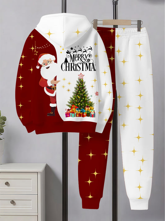 Boys' Hooded Sweatshirt Set, Red and White Color Block Design with Santa, Christmas Tree, and Gift Prints, Festive Style for Christmas Season, Suitable for Sporty and Trendy Kids' Casual Wear, Perfect for Outdoor