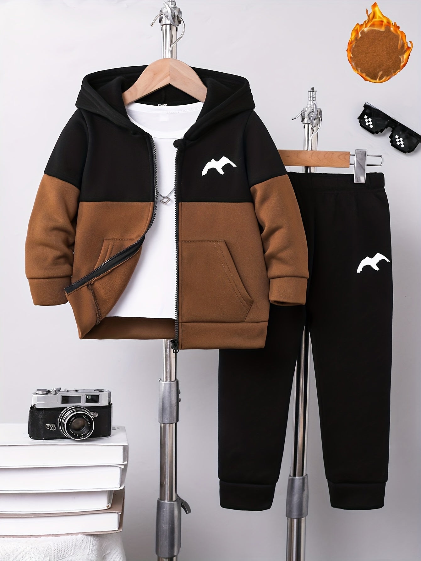 2pcs Boys' Autumn/Winter Fleece-Lined Hooded Zip-Up Jacket and Pants Set with Bird Print, Simple Color Block Design with Pockets, Fashionable Sporty Outfit for Outdoor Activities and Daily Wear, 100% Polyester Knit Stretch Fa