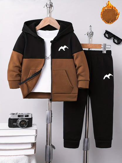 2pcs Boys' Autumn/Winter Fleece-Lined Hooded Zip-Up Jacket and Pants Set with Bird Print, Simple Color Block Design with Pockets, Fashionable Sporty Outfit for Outdoor Activities and Daily Wear, 100% Polyester Knit Stretch Fa