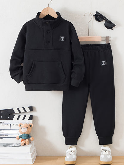 Boys' Cozy Fleece-Lined Hoodie & Sweatpants Set - Olive Green Casual Winter Outfit with Pockets, Thick Warmth for Fall & Winter, Regular Fit, Casual Attire, for Outdoor