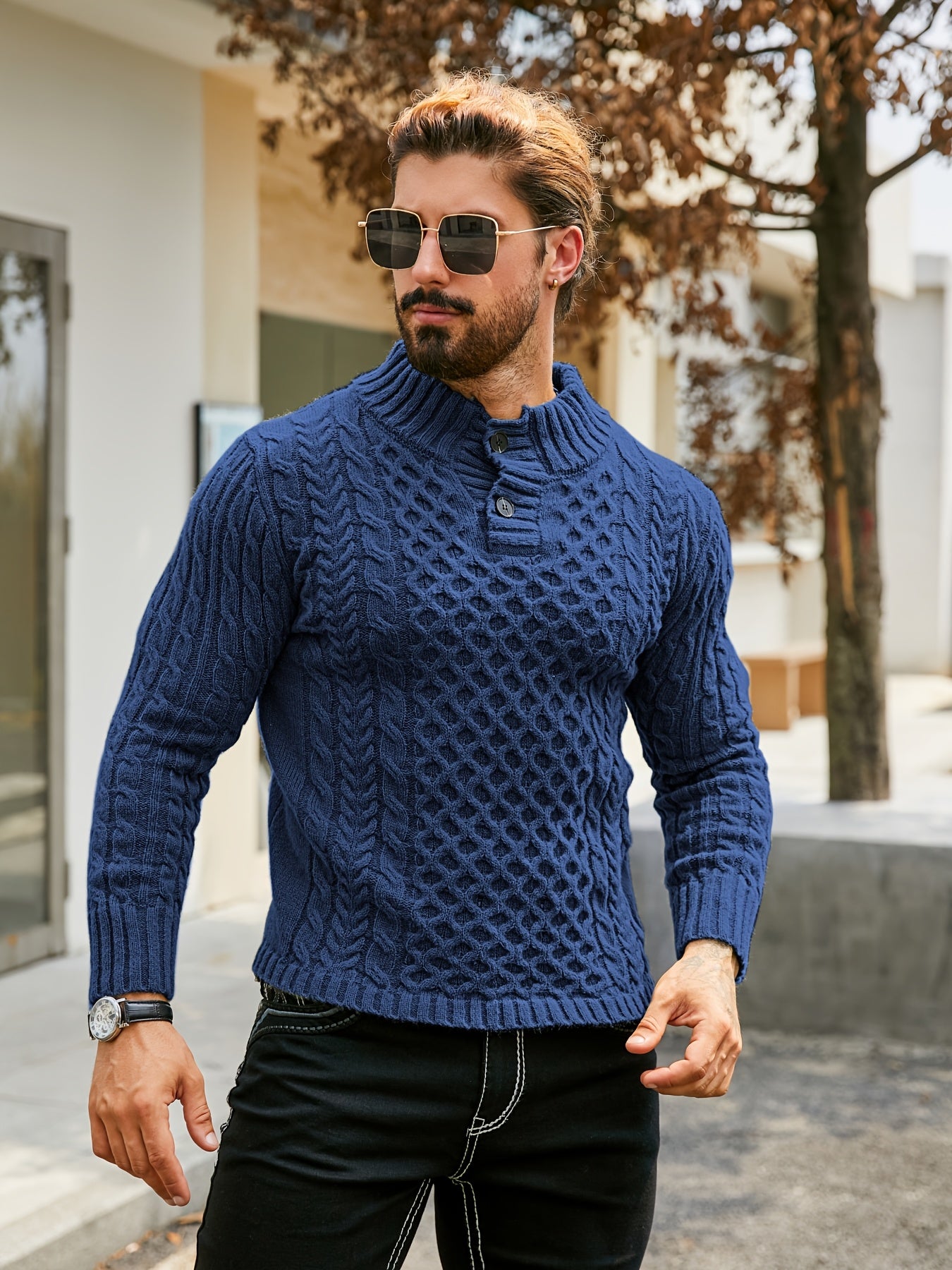 Տղամարդու ջերմային, օձիքով, մալուխով տրիկոտաժե սվիտեր - գծավոր H-աձև, կանոնավոր չափսի սվիտեր, լվացքի մեքենայով լվացվող ձմեռային սվիտեր՝ ակոսավոր դետալներով՝ աշնանային և ձմեռային համար, տրիկոտաժե սվիտեր, միջին առաձգականության գործվածք