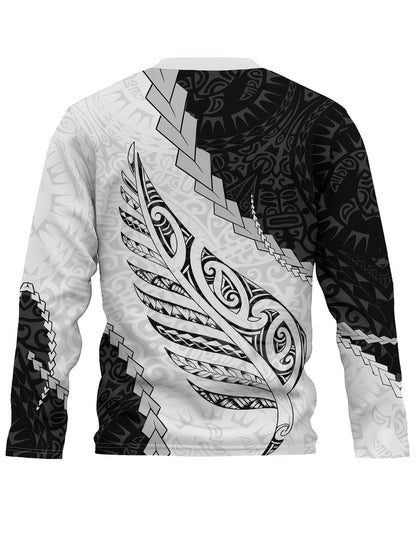 Տղամարդու գրաֆիկական դիզայնով երկար թևքով շապիկ՝ Նոր Զելանդիայից մաորի արծաթափայլ պտերի պատկերով, հարմարավետ, առօրյա սվիտեր՝ կատարյալ գարնան և աշնան համար, իդեալական տղամարդկանց նորաձև հագուստի համար։