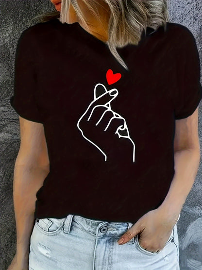 Heart Print Crew պարանոցի վերնաշապիկ, պատահական կարճաթև վերնաշապիկ գարնան և ամառի համար, կանացի հագուստ