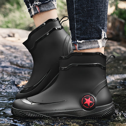 Men's Slip-On Rubber Rain Boots with Thick Sole - Mid-Calf