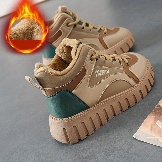 Women's Winter Thermal Snow Boots With Fleece Lining, Height Increasing Platform Thick Sole Comfortable Lace Up Mid Tube Boots