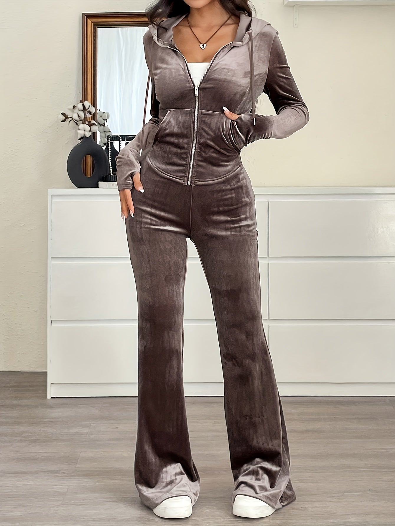 Women's Hooded Zip-Up Top and Slim Fit Pants Solid Color 2pcs Set - ayq