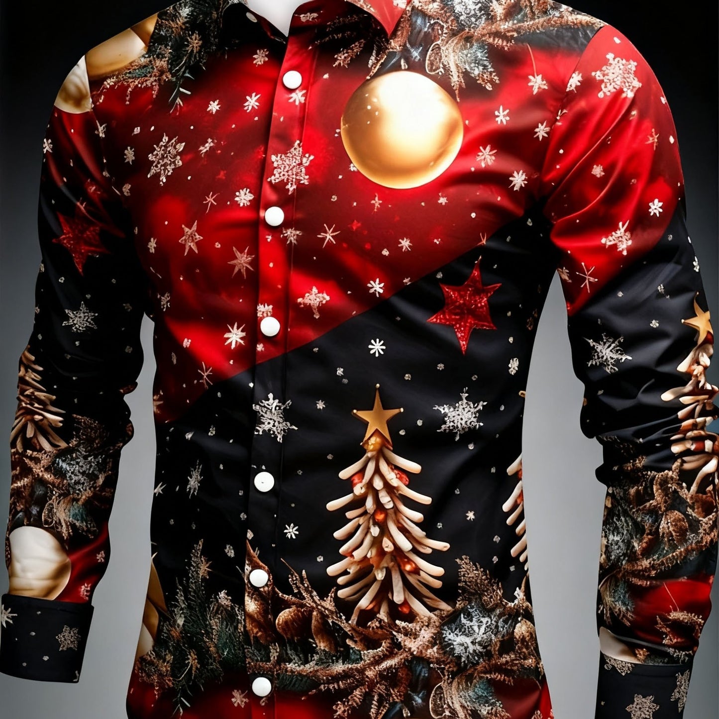 Men's Christmas Party Shirt with Red & Black Snowflake Pine Tree Print - Golden Button-Front Long Sleeve Dress Shirt, Stand Collar Casual Blazer-like Top for Holiday Events, Winter Celebrations & Xmas Gatherings (Machine Wash