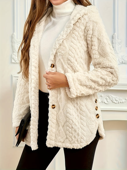 Elegant Pink Faux Fur Coat for Women - Chic Button-Front Hooded Jacket with Sleek Collar, Long Sleeves, and Ribbed Detailing - Perfect for Fall & Winter, Hand or Dry Clean Only