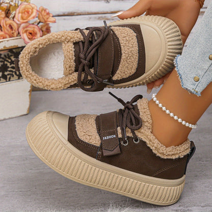 Women's Winter Plush Fleece-Lined Thermal Shoes - Upper & Rubber Sole Low-Top Ankle Boots with Faux Fur Collar, Brown/Beige/ Traction Tread for Cold Weather, Casual & Semi-Formal Outfits - Cozy Warm Winter Boots with Fleece L