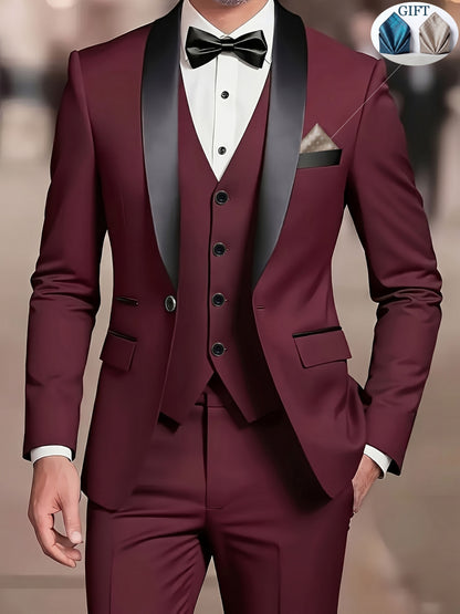 Men's Slim-Fit Notch Lapel 3-Piece Suit with Vest and Pants