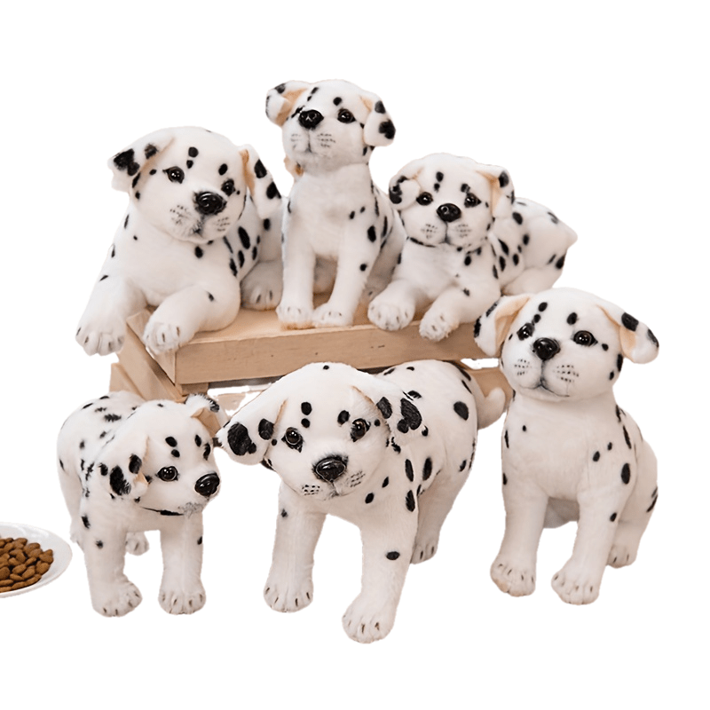 Երեք սիրուն խայտաբղետ շնիկների տեսքով փափուկ խաղալիքներ, ստեղծագործաբար ձևավորված որպես փափուկ խաղալիքներ, կատարյալ են տան և սենյակի ձևավորման համար, իդեալական են որպես նվեր ընտանեկան տոների կամ ընկերների ծննդյան օրերի համար։