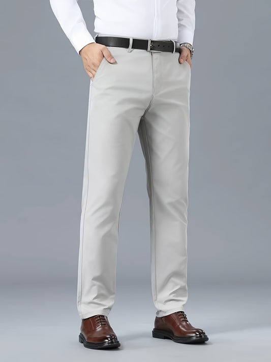 Men's Classic Business Casual Pants - Polyester, Solid Color, Regular Fit for All Seasons