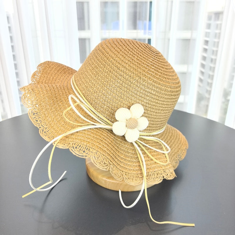 Kids' Paper Straw Hat with Lace Trim & Flower, Adjustable Strap