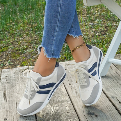 Women's Casual White Sneakers with Blue Accents - Breathable & Comfortable Lace-Up Running Shoes, Low-Top Fitness & Travel Footwear, Soft Rubber Sole, All-Season Wear