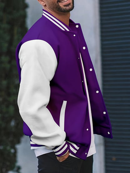 [Bold Design] Men's Stylish Black & White Varsity Jacket - Casual Baseball Coat with Pockets, Button-Up Front, Long Sleeve, Polyester Blend, Perfect for Fall & Winter, Casual Sportswear | Casual Fashion Jacket | Cotton Comfor