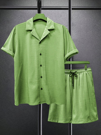2025 spring and summer new small checkered texture shirt and shorts suit, casual solid color suit collar short-sleeved shirt and shorts Men's 2pcs suit, summer light top and pants Men's beach suit, daily outing, casual travel