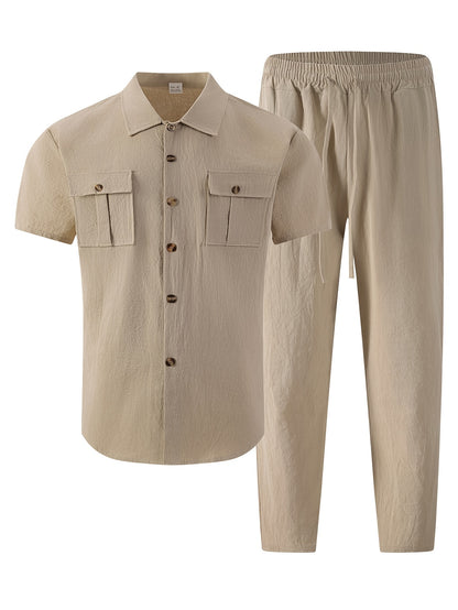 Men's Summer Casual Linen Blend Two-Pocket Shirt & Pants Set