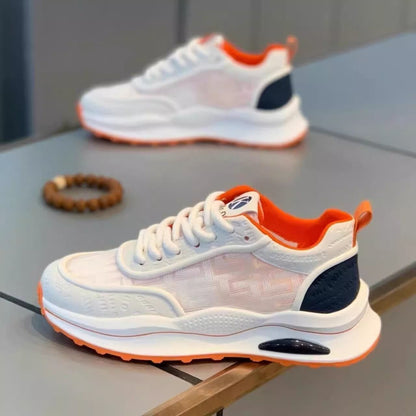 Men's Lightweight Breathable Low-Top Sneakers - PU Upper  PVC Sole, White/Navy/Red Accents, Lace-Up Round Toe for Casual, Outdoor, Running  Gym - All-Season Comfort Shoes, Casual Footwear, Geometric Pattern, Comfortable Fit
