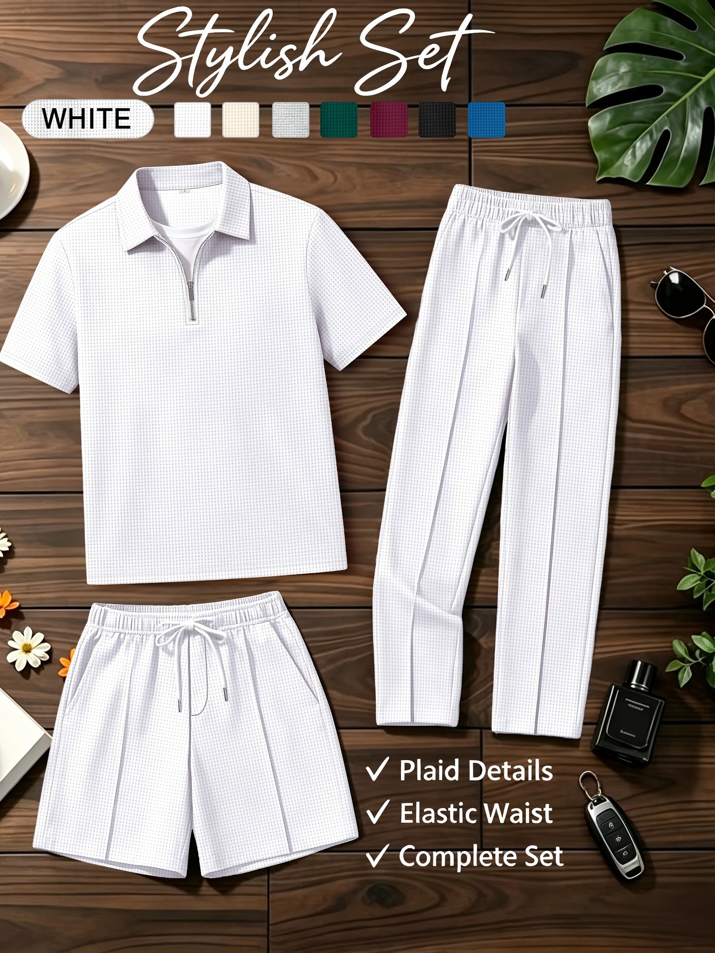 Men's Summer Casual 3-Piece Tracksuit Waffle Knit Half-Zip