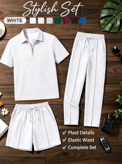 Men's Summer Casual 3-Piece Tracksuit Waffle Knit Half-Zip