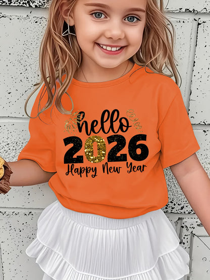 Girls' 2026 New Year T-Shirt - Hello 2026 Happy New Year Graphic Tee with Golden Number 2026, Heart, & Golden Lettering - Lightweight Summer Top for Birthday Party, Girls Clothes