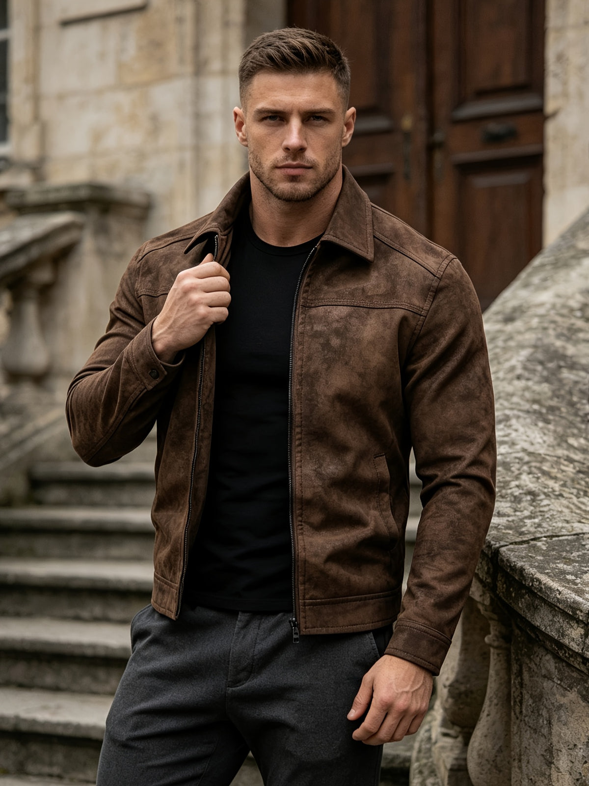 Men's Vintage PU Softshell Jacket with Lapel Collar & Pockets