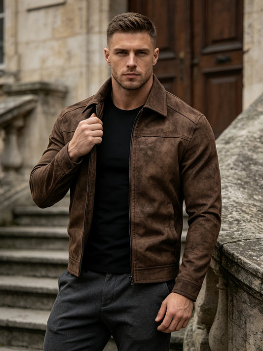 Men's Vintage PU Softshell Jacket with Lapel Collar & Pockets