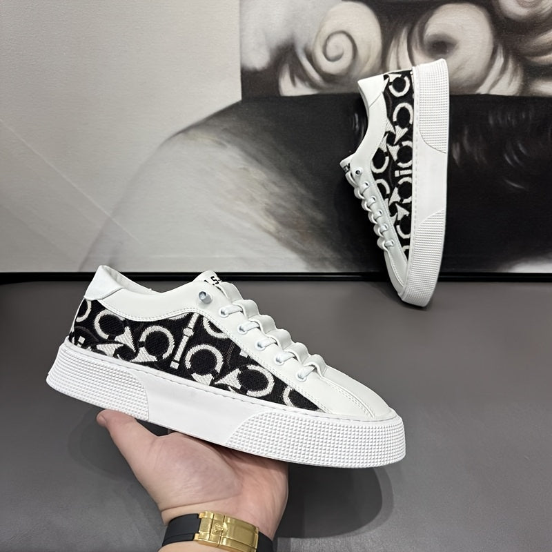 2025 New Men's Spring Slip-On White Sneakers, Breathable Casual Shoes with Embroidered Print, Trendy Footwear - ayq