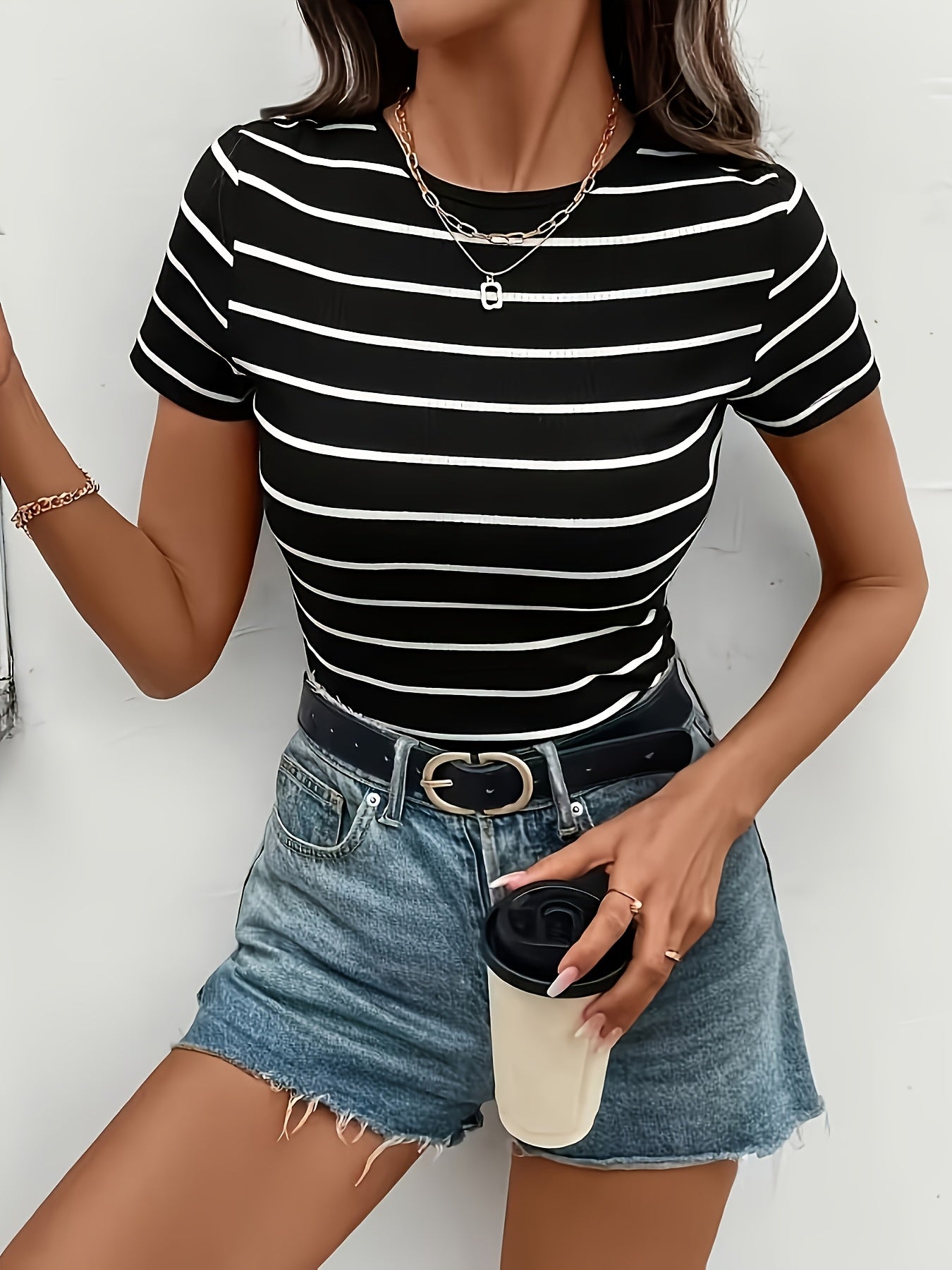 Women's Slim Fit Striped Short Sleeve T-Shirt - Black & White Horizontal Stripes, Round Neck, Breathable Summer Casual Top, Machine Washable, Everyday Fashion, Sophisticated Casual, Quality Casualwear, Relaxed Outfit, Classic