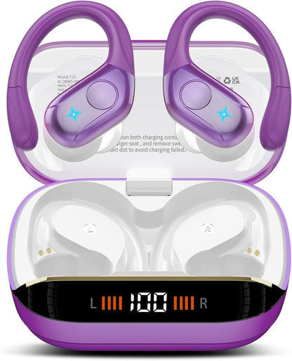 Wireless Earbuds Bluetooth 5.4 Headphones 75H Playtime Stereo Deep Bass Sports Ear Buds with Earhooks, LED Display Bluetooth Earbuds with 4 ENC Mic, IP7 Waterproof Earphone for Workout/Running, Black