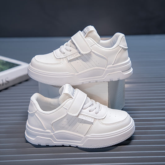 Youngsters' Stylish White Skate Sneakers - Casual & Sporty Low-Top Shoes with Hook-and-loop Fastener Closure, Breathable Fabric Lining, Durable Rubber Sole for Boys & Girls, Perfect for Running, Walking & Casual Attire, Skate