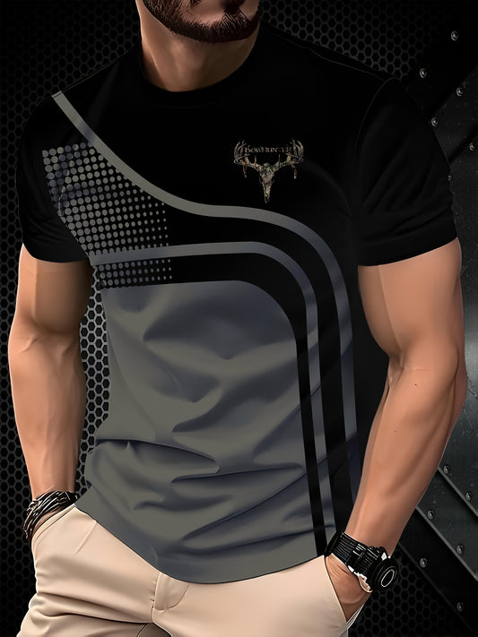 Men'S Casual Crew Neck T-Shirt with Deer Skull Print, Polyester 95% Spandex 5% Knit Fabric, Slight Stretch, Regular Fit, Summer Short Sleeve Top - 110g/m²