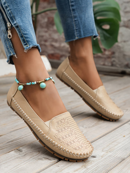 Women's Retro Perforated Flat Shoes, Comfy Breathable Round Toe Slip On Shoes, Casual Outdoor Loafers