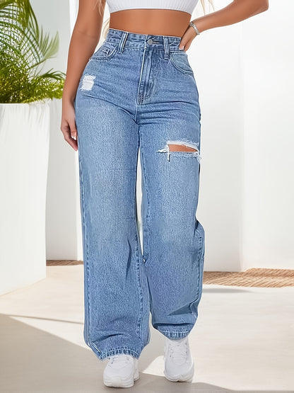 Բարձր առաձգականությամբ Hip Lifted Wide Leg Hole Jeans