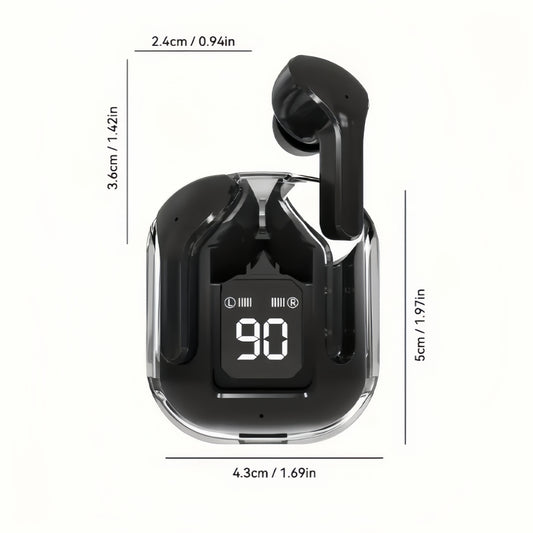 Transparent TWS Wireless Earbuds with Digital Display, Wireless 5.3, Type-C Charging, Noise Cancelling, Ergonomic Design, Black/White, Perfect Gift for Modern Audiophiles