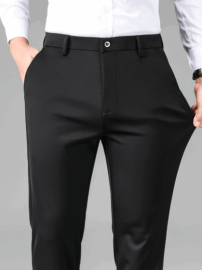 2pcs Men's Business Casual Stretch Dress Pants, Wrinkle-Resistant & Iron-Free, All-Season Wear, Logo, Navy Blue & Black, Polyester Blend, Machine Washable