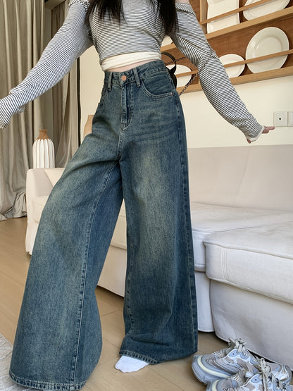1pc XNVJEVGY Women'S High-Waisted Wide Leg Denim Jeans, Casual Style, Non-Stretch, Solid Color, Long Pants with Zipper Closure, Washed Finish, Suitable for All Seasons
